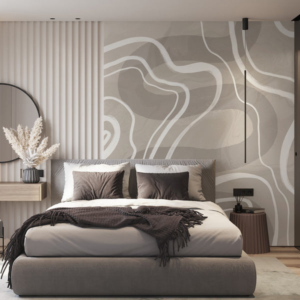 Minimalist beige wall mural featuring oversized curved white lines and layered neutral tones for a soft contemporary interior.