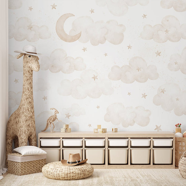 Beige Moon Clouds & Stars Wall Mural SM067 - CostaCover - Peel and stick Removable Wallpaper - Abstract - abstract wall art - abstract wallpaper