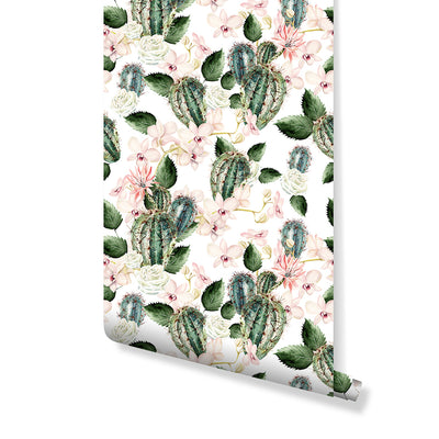 Self Adhesive Floral Green Cactus Rose and Orchids Removable Wallpaper CC207