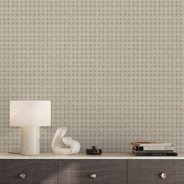Vintage damask peel and stick wallpaper in warm taupe and beige with a distressed texture for French country, cottagecore and farmhouse rooms.