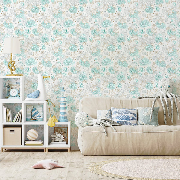 Turquoise Undersea World Wallpaper S101 - CostaCover - Peel and stick Removable Wallpaper - Abstract - abstract lines - abstract mural