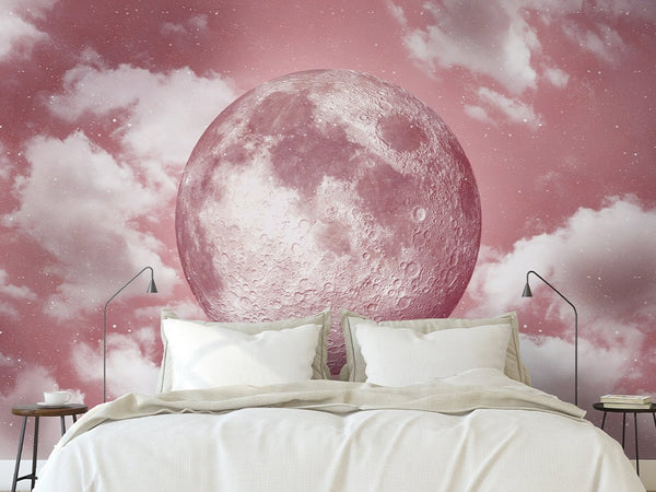 Pink Moon & Clouds Wall Mural WM078 - CostaCover - Peel and stick Removable Wallpaper - abstract wall art - abstract wallpaper - accent wallpaper