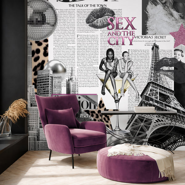 Fashion collage wall mural featuring New York architecture, Paris Eiffel Tower, leopard pattern, pink accents and black white glam bedroom decor.
