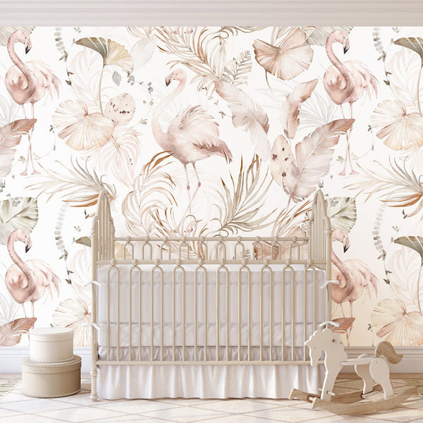 Palm Leaves & Flamingos Wallpaper W006 - CostaCover - Peel and stick Removable Wallpaper - adhesive wallpaper - baby bedroom - bedroom interior
