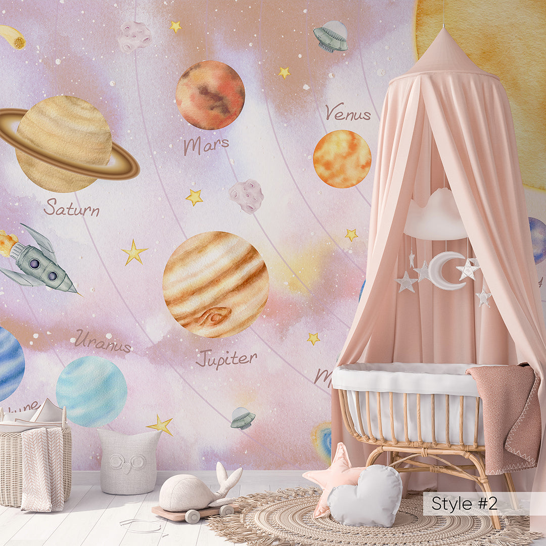 Pastel Blue Pink Solar System with Planets Self Adhesive Wall Mural WM080