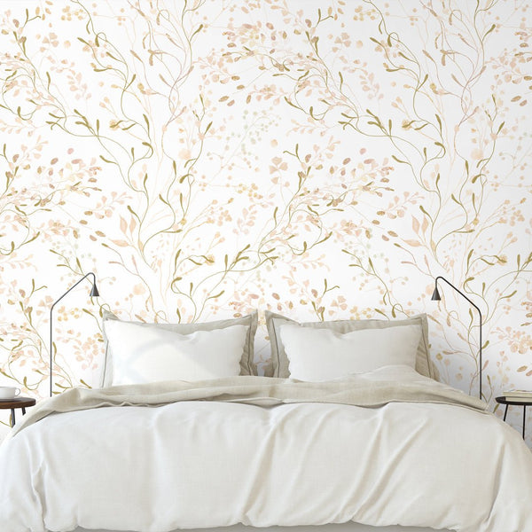 Peach & Beige Floral Wallpaper W028 - CostaCover - Peel and stick Removable Wallpaper - accent wallpaper - adhesive wallpaper - baby bedroom