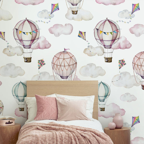 Pink Air Balloons & Clouds Wallpaper W072 - CostaCover - Peel and stick Removable Wallpaper - abstract wallpaper - accent wallpaper - adhesive wallpaper