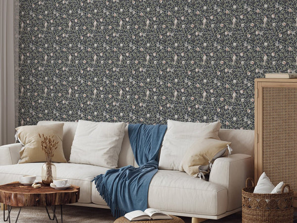 Blue Bird & Pomegranate by Morris Wallpaper W086 - CostaCover - Peel and stick Removable Wallpaper - abstract floral - abstract wall art - abstract wallpaper