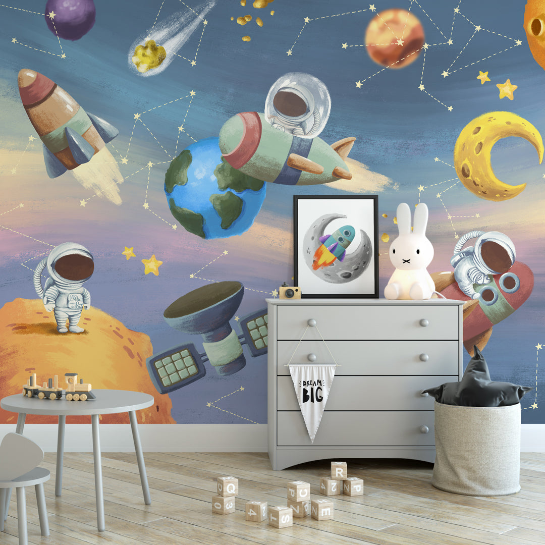Colorful Space, Astronauts and Planets Self Adhesive Wall Mural WM075