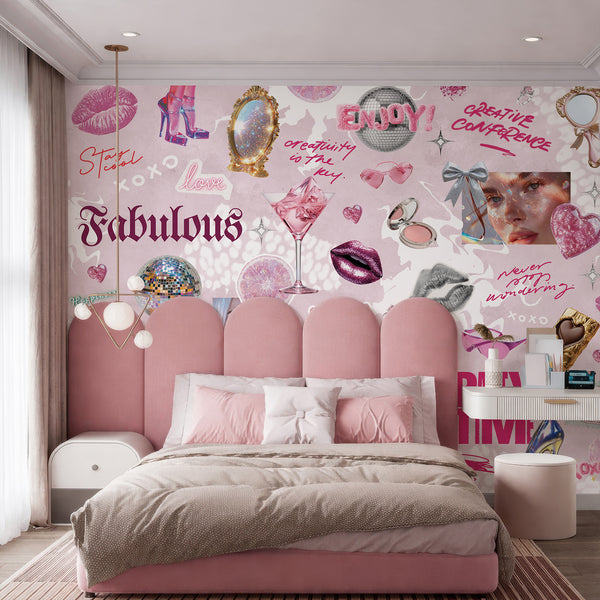 Layered collage of fashion motifs like glitter lips and disco balls on a pastel pink background, making it a fun accent for a dressing area or studio.