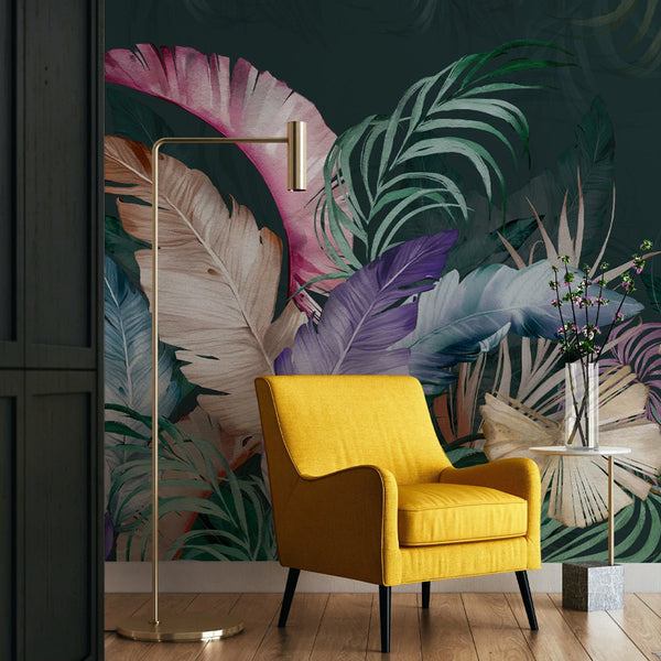 Colorful Dark Banana Leaves Wall Mural WM024 - CostaCover - Peel and stick Removable Wallpaper - adhesive wallpaper - banana leaves - Banana leaves wallpaper