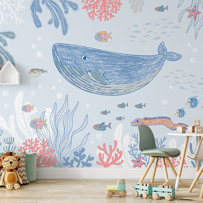 Blue Pink Drawing Whale Wall Mural SM056