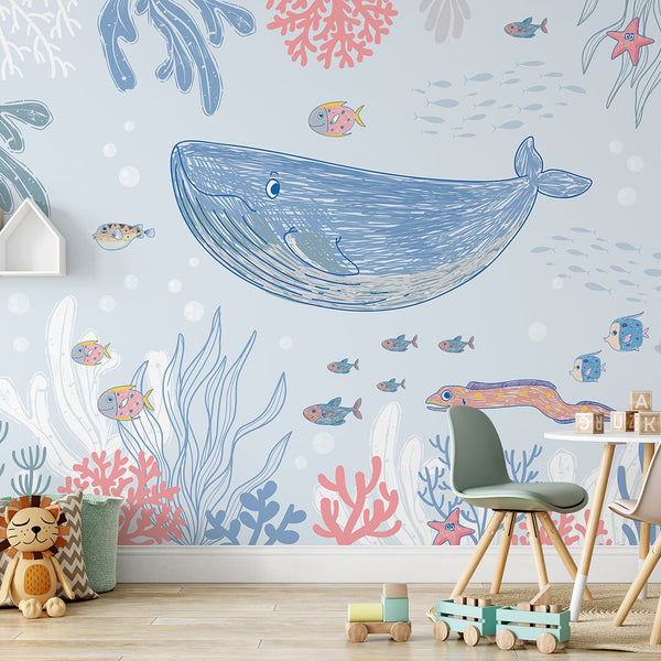 Blue Pink Drawing Whale Wall Mural SM056 - CostaCover - Peel and stick Removable Wallpaper - abstract wall art - accent wallpaper - adhesive wallpaper