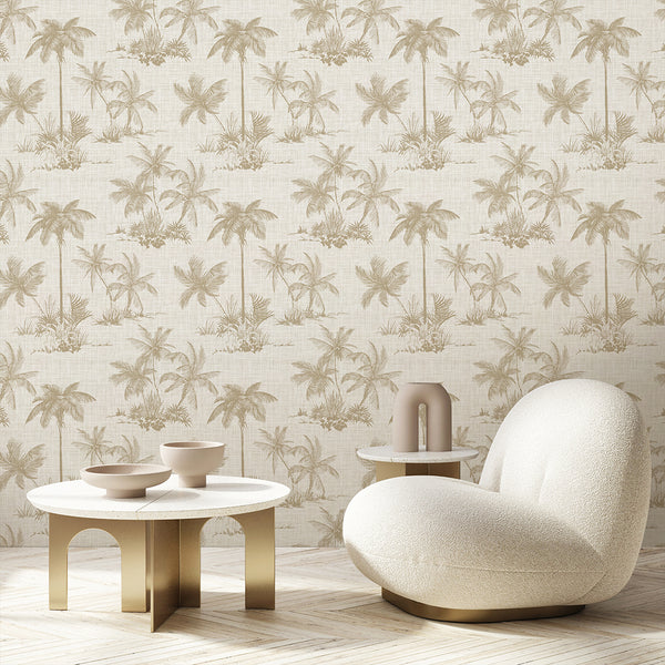 Beige Tropical Palm Toile Wallpaper A125