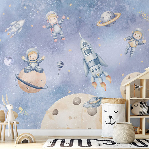 Purple Astronauts & Planets Wall Mural SM082 - CostaCover - Peel and stick Removable Wallpaper - accent wallpaper - adhesive wallpaper - baby bedroom