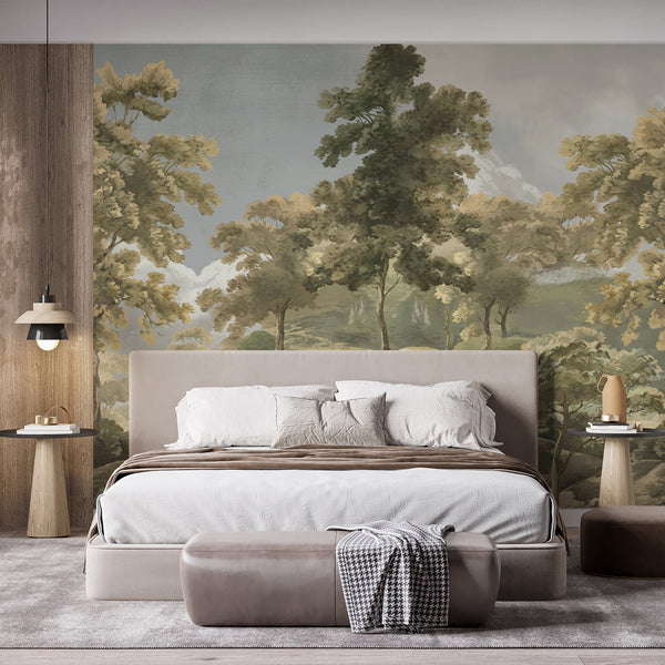 Nature inspired wall mural featuring an atmospheric green forest landscape, winding path and painterly trees in earthy olive and beige colors.