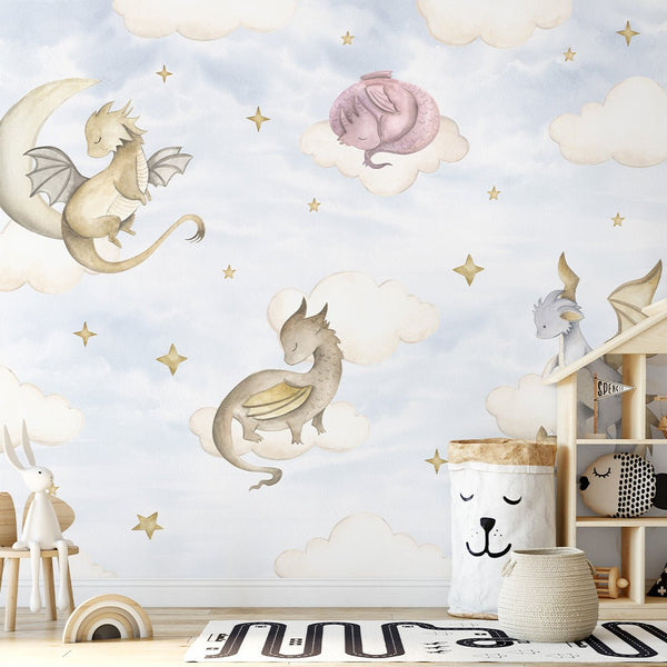 Blue Sky and Dragons Wall Mural SM034 - CostaCover - Peel and stick Removable Wallpaper - accent wallpaper - adhesive wallpaper - baby bedroom