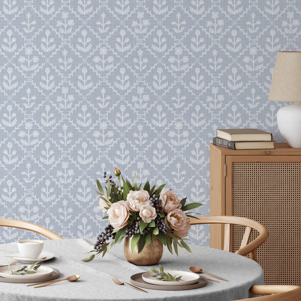 Dusty Blue Linen Floral Lattice Wallpaper L123