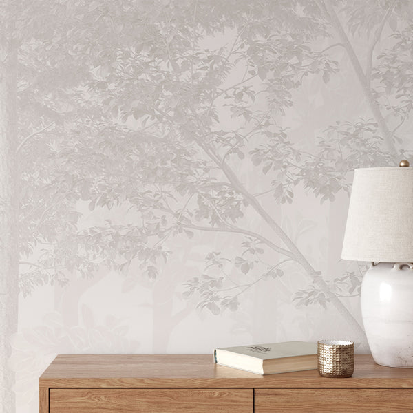 Removable forest wallpaper mural with misty tree outlines, ideal for creating a peaceful ambiance in any room.