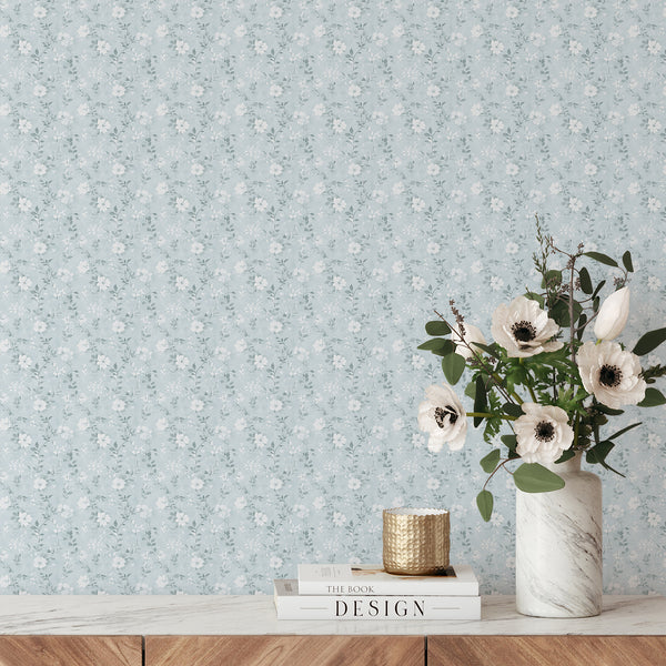 Dusty Blue Wildflowers Wallpaper L078