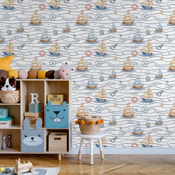 Sailboats & Waves Wallpaper A062 - CostaCover-Peel and stick Removable Wallpaper-abstract wall art-abstract wallpaper-accent wallpaper
