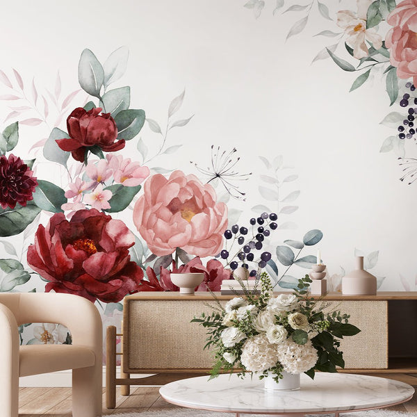 Pink Burgundy Flowers Bouquet Wall Mural SM028 - CostaCover - Peel and stick Removable Wallpaper - accent wallpaper - adhesive wallpaper - bathroom wallpaper