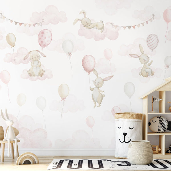 Beige Pink Bunny & Balloons Wall Mural SM079 - CostaCover - Peel and stick Removable Wallpaper - abstract wall art - abstract wallpaper - accent wallpaper
