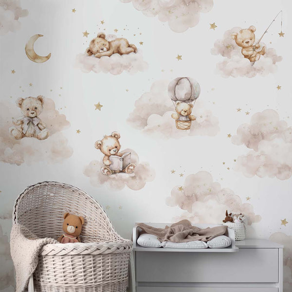 Beige Clouds and Bears Wall Mural SM010 - CostaCover - Peel and stick Removable Wallpaper - abstract wall art - abstract wallpaper - accent wallpaper