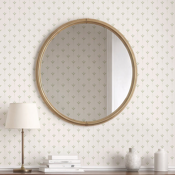 Modern sage green wallpaper with simple botanical shapes and subtle dotted lines in an evenly spaced repeating pattern for bedroom wall decor.
