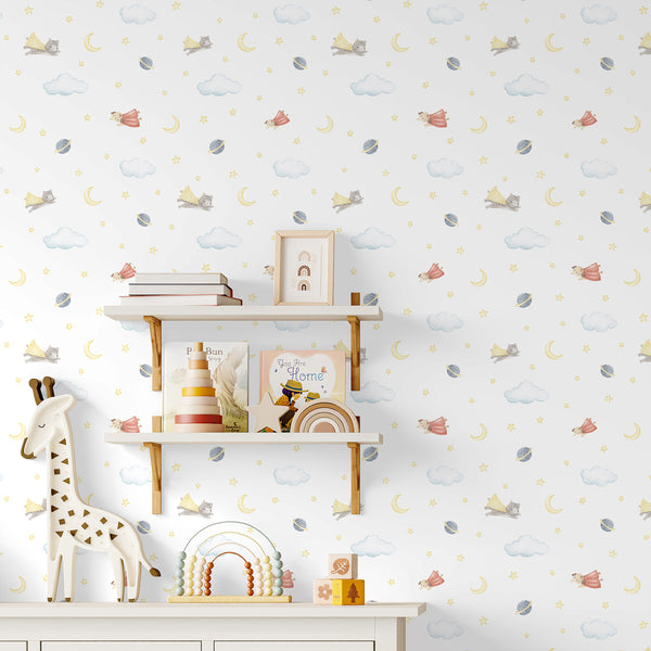 Cute kids wallpaper with a hand-painted gray cat and dog superhero in soft watercolor tones, ideal for a baby room, nursery, or toddler bedroom.