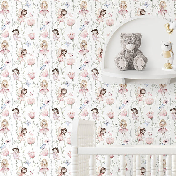 Pink Flower Fairy Wallpaper S083 - CostaCover - Peel and stick Removable Wallpaper - accent wallpaper - adhesive wallpaper - baby bedroom