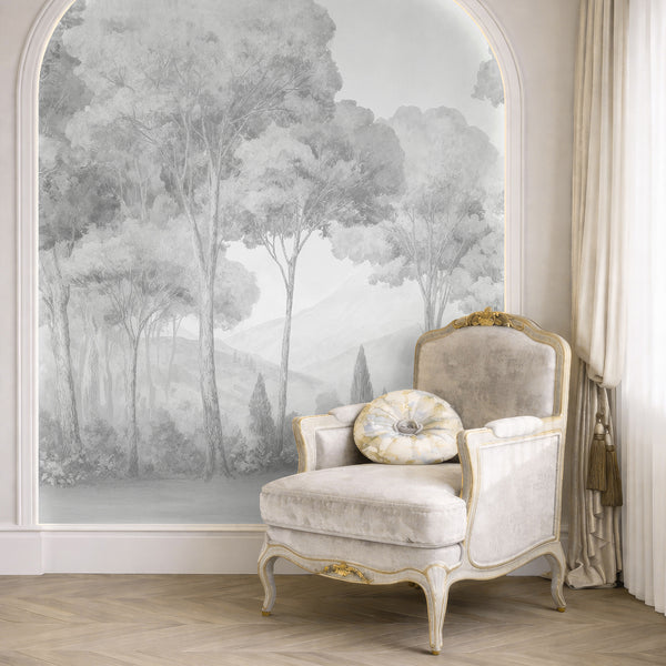 Panoramic gray misty forest wallpaper with soft watercolor transitions, ideal for a serene bedroom environment. This eco-friendly, removable peel and stick wallpaper is perfect for designers looking for flexibility in decor.