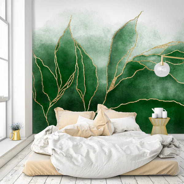 Green Gold Leaves Wall Mural CCM014 - CostaCover - Peel and stick Removable Wallpaper - Abstract - abstract lines - abstract wall art