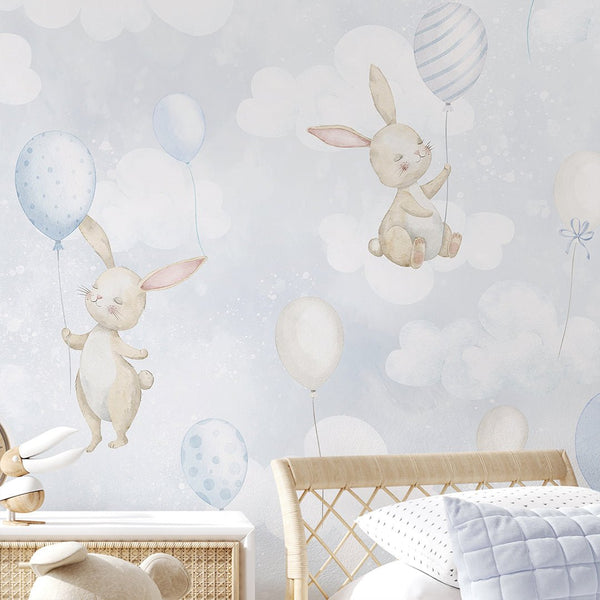 Blue Bunny & Balloons Wall Mural SM080 - CostaCover - Peel and stick Removable Wallpaper - abstract wall art - abstract wallpaper - accent wallpaper