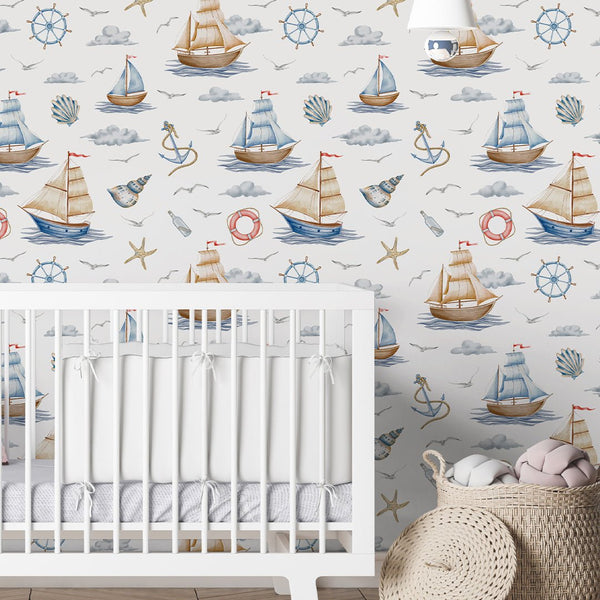 Blue Beige Nautical Wallpaper A067 - CostaCover-Peel and stick Removable Wallpaper-abstract wall art-abstract wallpaper-accent wallpaper