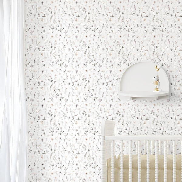 Tiny Neutral Wildflowers Wallpaper S064 - CostaCover - Peel and stick Removable Wallpaper - accent wallpaper - adhesive wallpaper - bathroom wallpaper