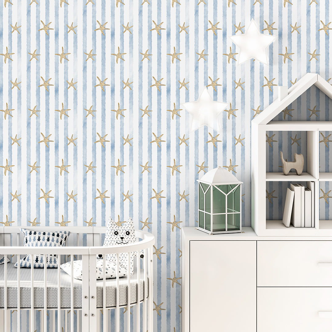 Blue Stripes & Starfish Wallpaper A068