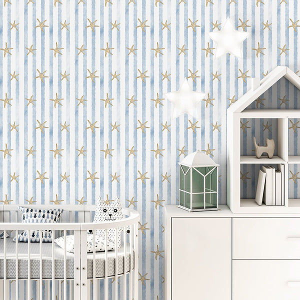 Blue Stripes & Starfish Wallpaper A068 - CostaCover-Peel and stick Removable Wallpaper-abstract wallpaper-accent wallpaper-adhesive wallpaper