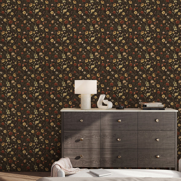 Moody vintage wildflower wall mural with delicate botanical details and earthy floral colors on a deep brown ground, suited for bedroom or nursery decor.
