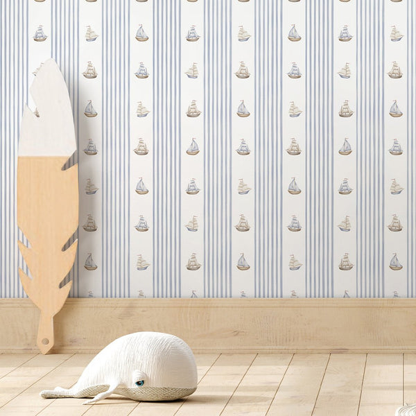 Blue Stripes & Sailboats Wallpaper A069 - CostaCover-Peel and stick Removable Wallpaper-abstract wall art-abstract wallpaper-accent wallpaper