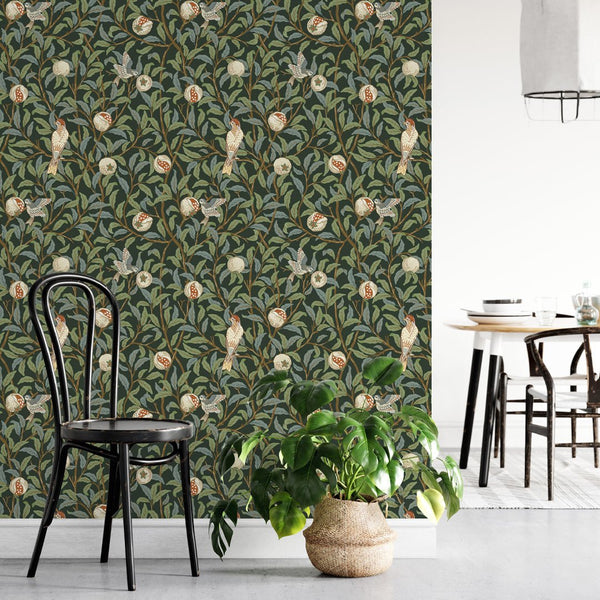 Green Bird & Pomegranate by Morris Wallpaper W087 - CostaCover - Peel and stick Removable Wallpaper - abstract wall art - abstract wallpaper - accent wallpaper