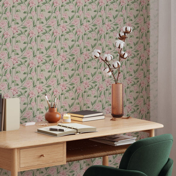 Beige Pink Bellflower Wallpaper W152 - CostaCover - Peel and stick Removable Wallpaper - abstract floral - abstract wall art - abstract wallpaper