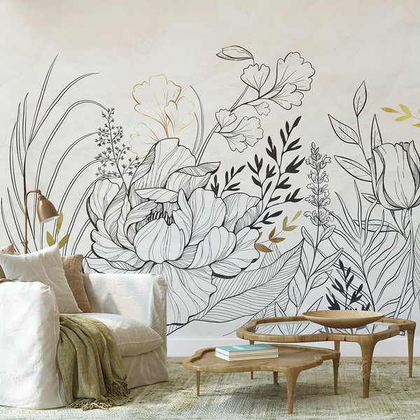 Black & Gold Flower Wall Mural CCM157 - CostaCover - Peel and stick Removable Wallpaper - Abstract - abstract floral - abstract lines