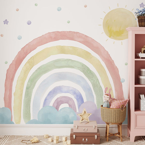 Colorful Rainbow & Sun Wall Mural WM060 - CostaCover - Peel and stick Removable Wallpaper - abstract wallpaper - adhesive wallpaper - Aqua blue wallpaper