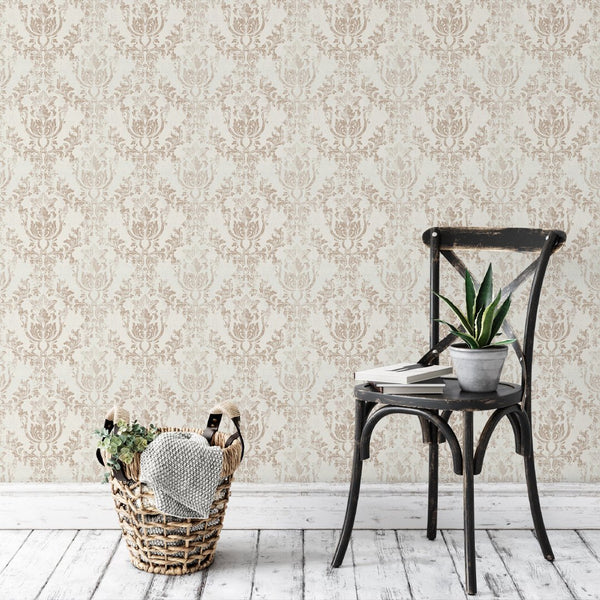 Pre-pasted Rococo wallpaper featuring distressed medallions, creating a timeless look in formal hallways or living spaces. High-quality, removable material.