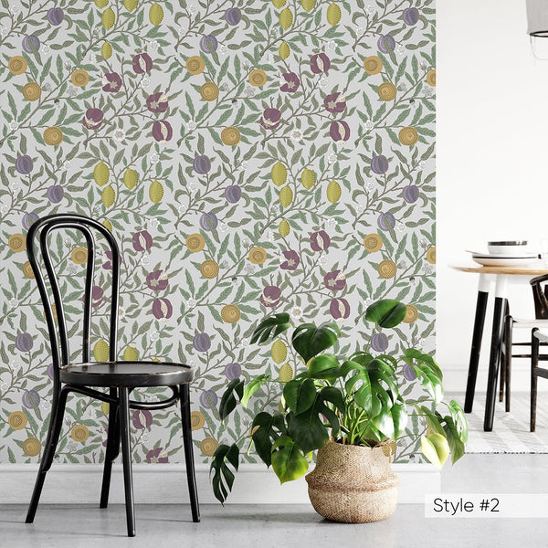 Green & White Fruit or Pomegranate by Morris Wallpaper W115 - CostaCover - Peel and stick Removable Wallpaper - abstract floral - abstract wall art - abstract wallpaper