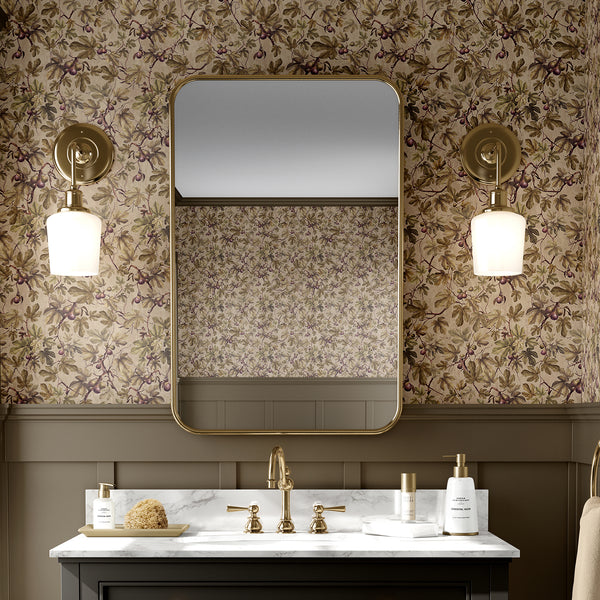 Vintage fig botanical wallpaper featuring olive green fig leaves, purple ripe fruits and winding branches on a warm beige background for country cottage interiors.