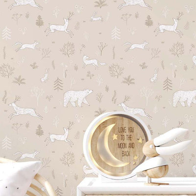 Beige White Forest Animals Wallpaper S037