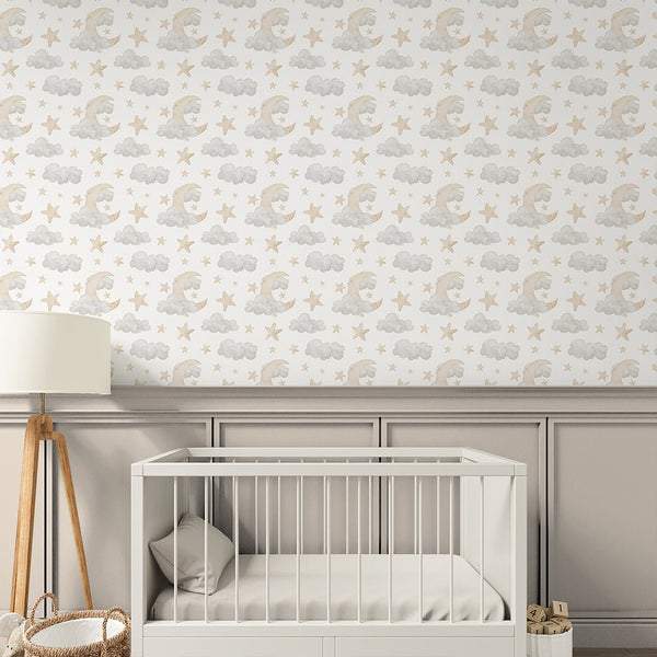 Clouds Moon & Stars Wallpaper S113 - CostaCover - Peel and stick Removable Wallpaper - abstract wall art - abstract wallpaper - accent wallpaper