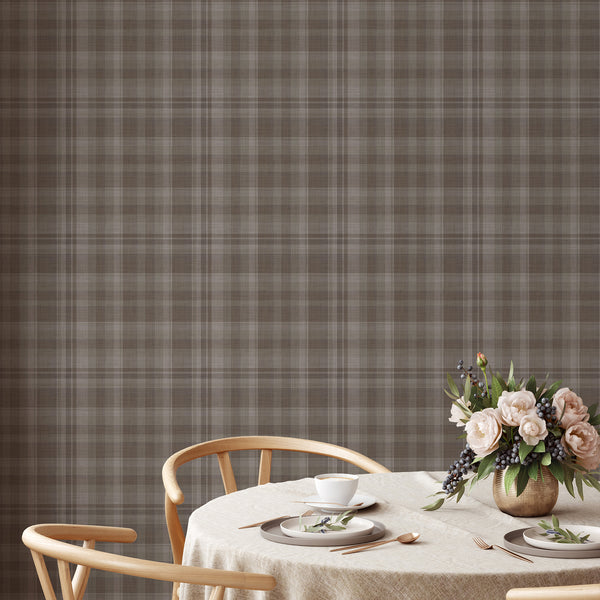 Vintage neutral plaid wallpaper with overlapping horizontal and vertical stripes in warm brown and taupe, ideal for English country and farmhouse interiors.